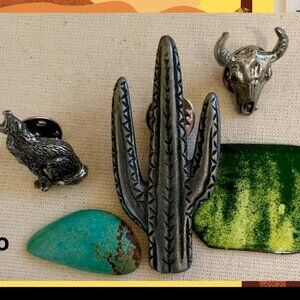 3 Piece South Western Desert Nature Pewter Pin Set  Cactus Howling Wolf Bull Cow